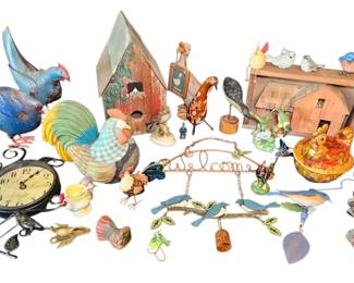 Eclectic Bird Theme Farmhouse Decor Lot Large Rooster, Birdhouses Trinket Boxes