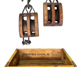 VINTAGE MARITIME INDUSTRIAL LOT Wood Iron Block and Tackle Pulleys with Wooden Pepsi Crate