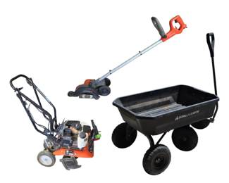OUTDOOR YARD WORK LOT Gorilla Cart, Edger, Cultivator Gas Cans