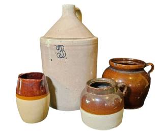 Vintage Stoneware Crocks 3Gal Cobalt Blue Stenciled Jug, TwoTone Pieces Brown Jug