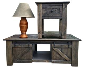 Rustic Farmhouse 3Piece Living Room Set Magnussen Home Coffee Table, End Table, And Woven Lamp