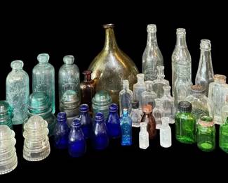 Antique Glass, Handblown Wine Bottle, Hemingray Insulators, Vintage Apothecary Lot