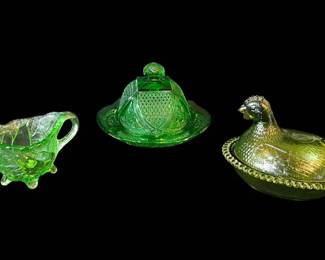 Exquisite Green Glass Vintage Trio... EAPG, Hen on Nest, Sweet Pear