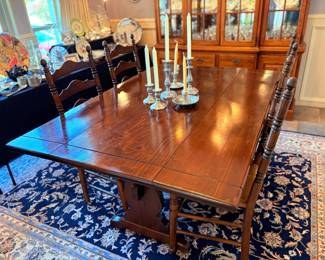 Vintage Trestle Table with Four Ladder Back, Cane Bottom Chairs