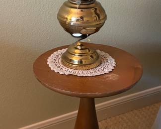 Vintage Brass Oil Lamp, Small Wooden Side Table/ Plant Stand