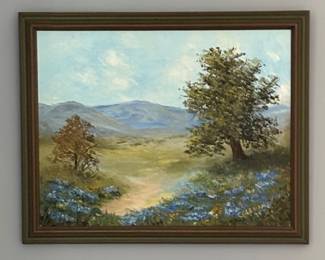 Mid Century Decorative Impasto Bluebonnet Oil Painting by Coleman - Framed size is 12"x15."