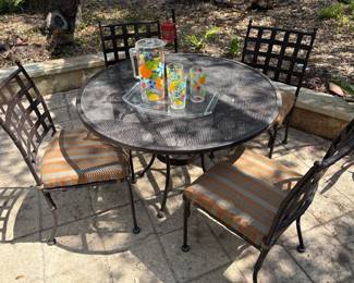 Black Wrought- iron Mesh Patio Dining Set w/ Four Grid Backed Chairs