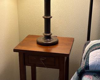   Side Table and Brass Dual Bulb Chain Pull Lamp