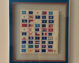 Framed USPS Commemorative Stamp Pane, 1976 American Bicentennial State Flags 