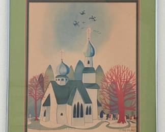 "Russian Church, Kodiak" by Rie Muñoz, Signed and Numbered - Framed size is 21.5"x18."