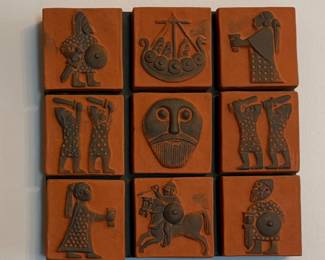 Mid-Century  Wall Sculpture Featuring Nine Viking Inspired Terracotta Tiles