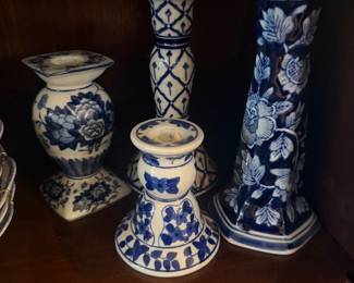 Blue and White Chinoiserie Candlestick Holders