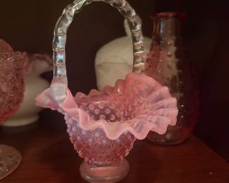 Fenton Pink Opalescent Hobnail Glass Basket
