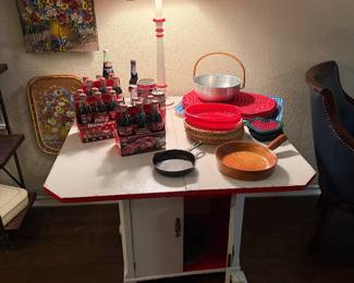 HOOSIER CANINET…..COLLECTABLE COKE ETC.