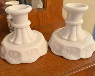 Westmoreland Paneled Grape Milk Glass Candlestick Holders
