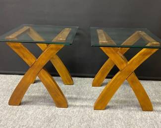 Pair Of Archer Walnut Wood End Tables With Glass Tops