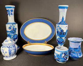 Tonala Mexican Blue Bird Signed Pottery Vases, Mug With Fitz And Floyd Renaissance Serving Dishes