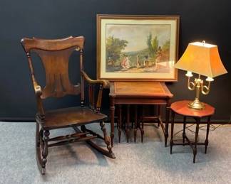 Vintage Wood Rocking Chair, Wood End Table With Three Collapsible Side Tables And More