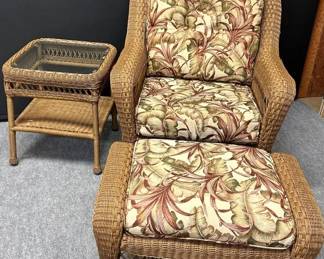 Outdoor Wicker Chair, Ottoman And Wicker Side Table