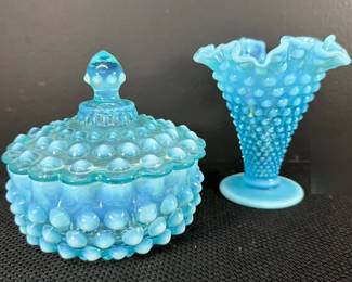 Fenton Hobnob Blue Opalescent Glass Jar And Ruffle Vase