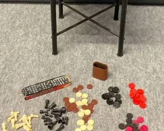 Small Wood And Metal Game Table Assorted Game Pieces