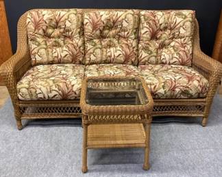 Wicker Sofa And Wicker Side Table with Glass Top, Unknown Maker