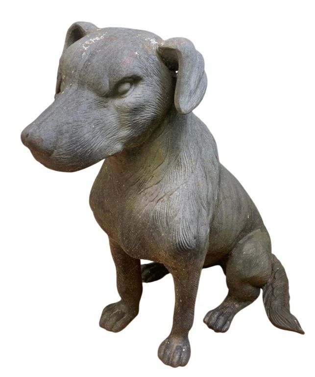 1 - Cast Iron Dog Statue - 23 x 24 x 16 (Description): Cast iron dog statue depicting a seated dog.  Sold as is with noted damage. Measures 23  inches by 24 inches by 16 inches.