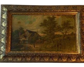 540 - Framed Print 34"x49" (Description): A framed print featuring a pastoral landscape  scene. The print is presented in an ornate  gilded frame with detailed decorative  molding. Measures 34 inches by 49 inches.