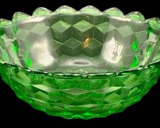 341 - Uranium Green Glass "Cubist" Bowl 3"x7.5" (Description): Uranium glass bowl in the "Cubist" pattern,  featuring a distinctive geometric faceted  design with a scalloped rim. Measures 3  inches tall by 7.5 inches in diameter.