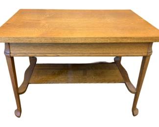 517 - Wood Table 29.5"x42"x36" (Description): A wood table featuring a rectangular top with  a lower shelf and curved legs. The table  measures 29 1/2 inches by 42 inches by 36  inches.