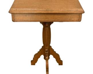 92 - Wood Podium Stand 39"x30"x18" (Description): A wooden podium stand featuring a carved  pedestal base with decorative stepped feet.  The stand has a rectangular top surface  supported by a shaped central column.  Measures 39 inches tall by 30 inches wide by 18 inches deep.