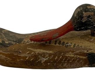 433 - Wood Duck Decoy 5.5"x12"x5" (Description): Wood duck decoy with painted details.  Measures 5 1/2" x 12" x 5".  some paint  chipping