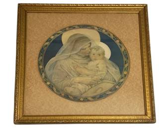 786 - Framed Print 22.5"x22.5" (Description): Framed print measuring 22.5 inches by 21.5  inches. The print depicts a Madonna and Child  scene with figures shown with halos against  a deep blue background, surrounded by a  decorative border. Presented in a gilt frame with ornate detailing.