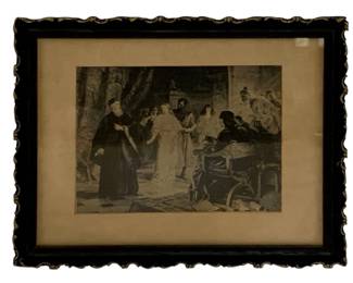 739 - Framed Print 10"x12.5" (Description): A framed print featuring a classical scene.  The print is housed in a decorative scalloped  black frame. Measures 10 inches by 12.5  inches.