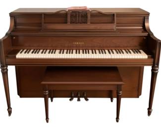 72 - Yamaha Piano w/ Bench (Description): Yamaha piano with matching bench. The bench  measures 19 inches wide by 30 inches long by  14 inches high. The piano measures 42.5  inches wide by 51 inches long by 24 inches  high. Used as is electric/electronic/mechanical  item. No guarantee all components, untested.