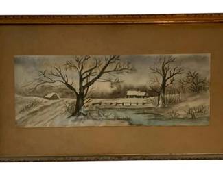 662 - Framed Watercolor 12"x21" (Description): Framed watercolor painting featuring a winter  landscape scene with bare trees. The artwork  is matted and set in a gilt frame. Measures  12 inches by 21 inches.