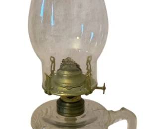 207 - Vtg Glass Oil Lamp w/ Handle 14" (Description): Vintage glass oil lamp featuring a handled  base with decorative ribbed design, brass  burner hardware, and clear glass chimney.  Measures 14 inches tall.