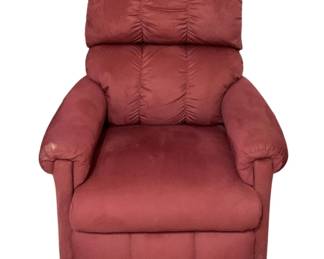 773 - La-Z-Boy Recliner 41"x31"x28" (Description): La-Z-Boy recliner upholstered in a burgundy  fabric with pillow-style back cushioning and  padded armrests. Measures 41 inches high by  31 inches wide by 28 inches deep.