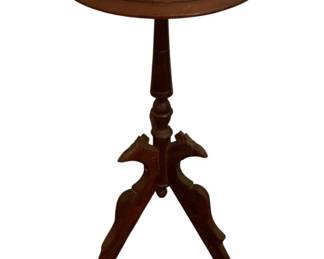 131 - Wood Plant Stand 32"x14.5" (Description): A wood plant stand featuring a round top and  a turned pedestal base with tripod legs.  Measures 32 inches tall by 14.5 inches in  diameter.