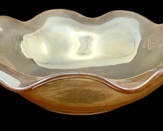 359 - Marigold Carnival Glass Bowl 2.5"x9.5" (Description): Marigold carnival glass bowl featuring a  wavy, ruffled rim. Measures 2.5 inches in  height by 9.5 inches in diameter.