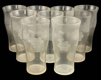 407 - 9 Etched Glass Tumblers 5.5"x2.75" (Description): A nine-piece set of glasses featuring  delicate etched floral designs. Each tumbler  measures 5 1/2 inches tall by 2.75 inches in  diameter.