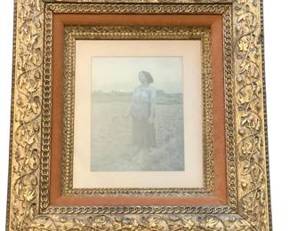 169 - Framed Print 21"x18.5" (Description): A framed print presented in an ornate gilded  frame with elaborate carved foliate and  chain-link design. Features a coral-toned mat  with inner gilt slip. Measures 21 inches by  18.5 inches overall.