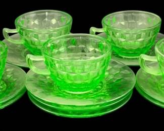 388 - 14pcs Uranium Green Glass Cups & Saucers (Description): Saucers - 6 round cups - 2.25 tall