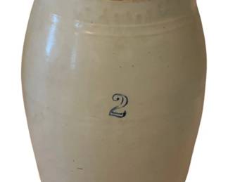 214 - 2 Gallon Crock w/ Lid 12"x8" (Description): A 2 gallon stoneware crock with lid. The  crock features a classic barrel shape with a  blue painted number "2" on the front  indicating its capacity. Measures 12 inches  tall by 8 inches in diameter.