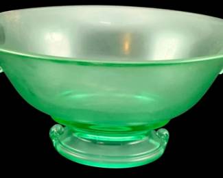 336 - Uranium Green Glass Serving Bowl 5"x10.75"x8.5" (Description): Uranium glass serving bowl featuring a footed  base and flared rim. Measures 5 inches by 10  3/4 inches by 8.5 inches.