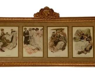 616 - 6-Part Framed Print 10"x25" (Description): Framed print featuring five vintage fashion  illustrations arranged vertically in a  decorative gilt frame. Measures 10 inches by  25 inches.