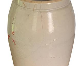 31 - Stoneware Crock Marked 15 9"x6" (Description): Stoneware crock marked with the number 15.  The piece shows a crack. Measures 9 inches  tall by 6 inches in diameter.