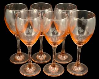 409 - 6 Pink Crystal Wine Glasses (Description): Each glass measures 7 1/2 inches by 3 inches.