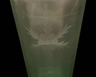 490 - Uranium Green Glass Vase 8.25"x5.5" (Description): Uranium glass vase featuring an etched floral  design. Measures 8.25 inches tall by 5.5  inches in diameter.