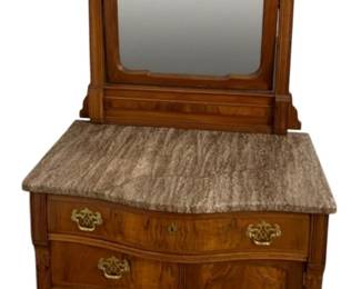 768 - Victorian-Style Eastlake Marble-Top Dresser (Description): A marble-top chest with mirror, featuring  burled wood accents and a removable mirror.  The piece includes drawers and a cabinet  door, all supported on casters. Measures 65  inches high by 36 inches wide by 20 inches deep.